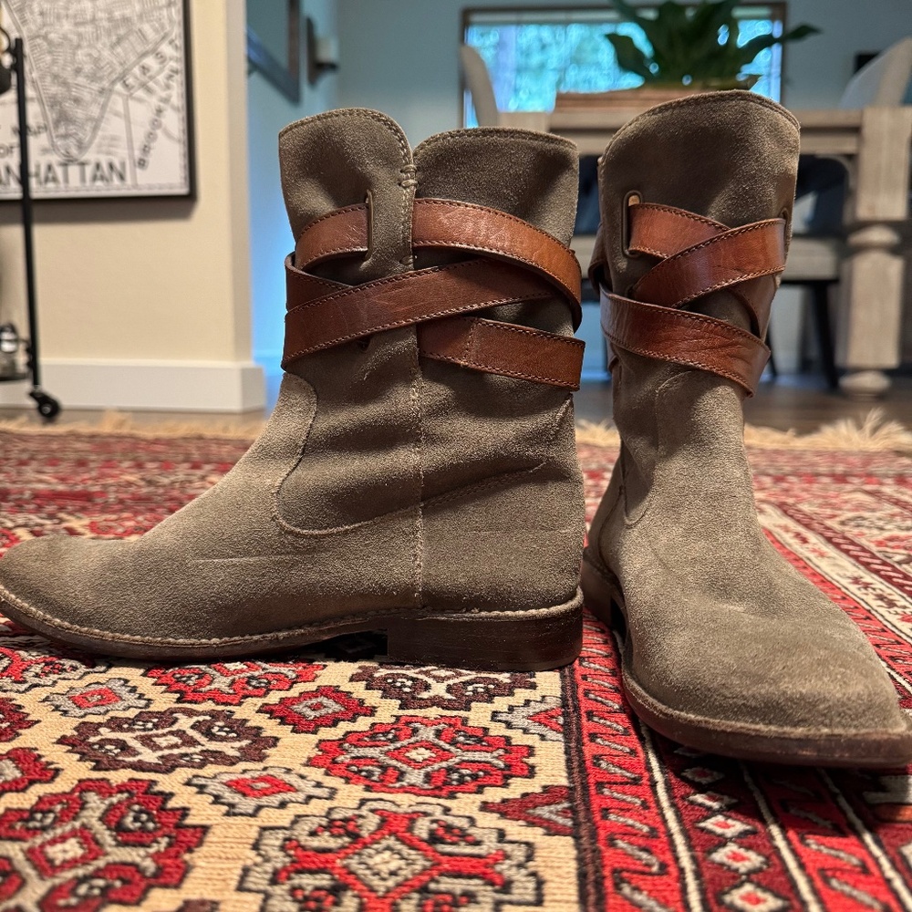 Frye Jane Olive Green Suede Ankle Boots With Leather Buckle Strap (Size 5.5)